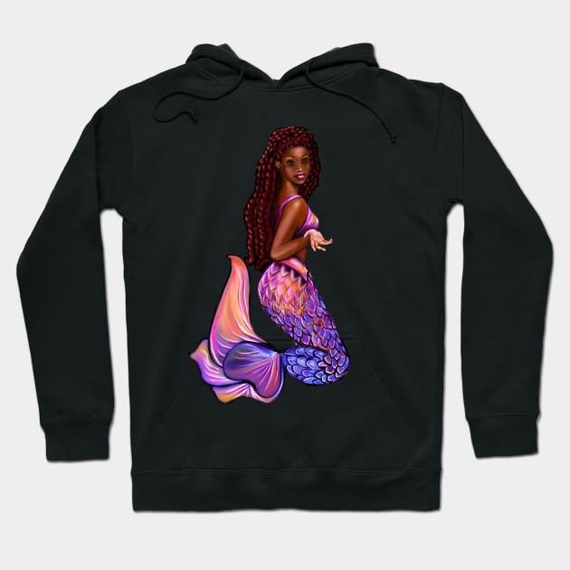 mermaid with flowing red locs,   Afro hair and caramel brown skin. Black mermaid Hoodie by Artonmytee